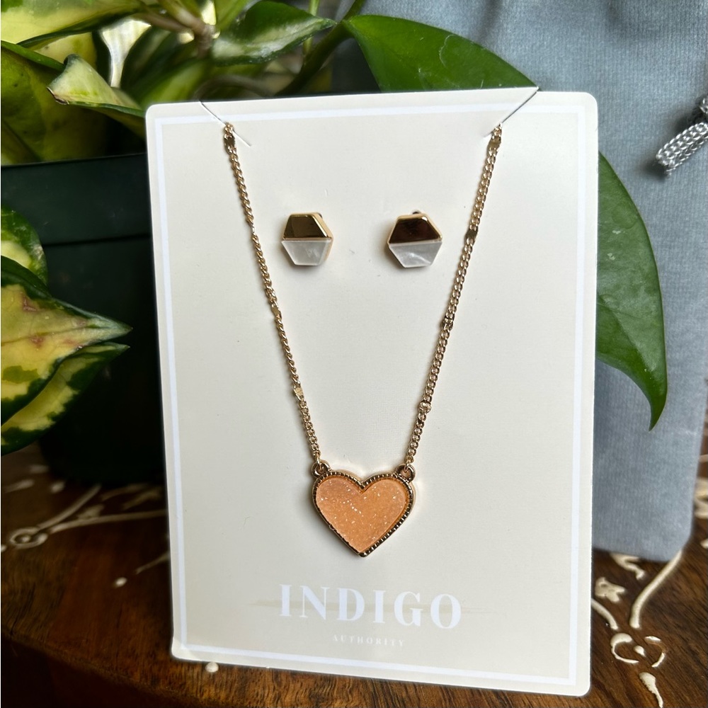 Necklace with Pink Heart Stone Pendant and Earring Set